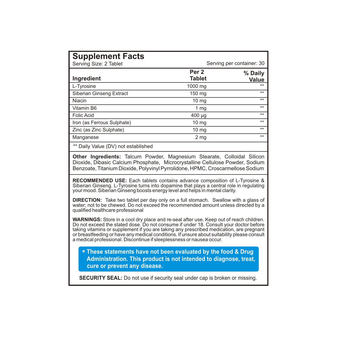 LTyrosine, Siberian Ginseng, vitamin B complex and Multimineral RAALI Health